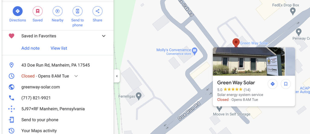 screenshot of Green Way Solar's Google Business Profile on Google Maps