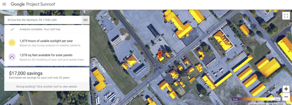 overhead shot of office roofs showing solar potential from project sunroof website